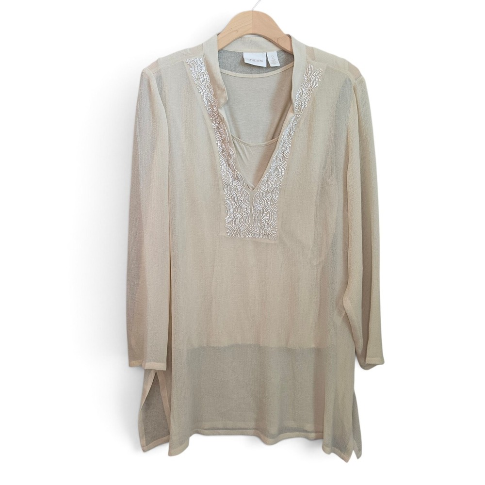 Chicos Top Womens Size 2 Large 12 Beige Beaded Sheer Layered Tunic Blouse